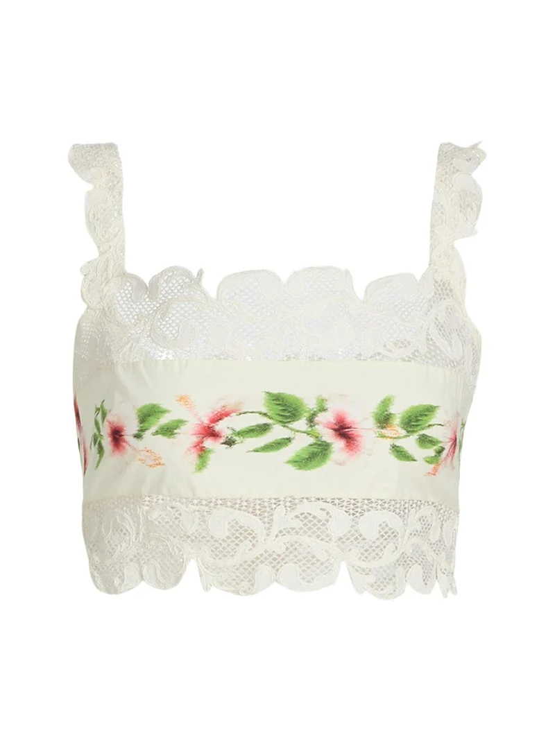 Sleeveless Chine Hibiscus-Print Lace-Trim Crop Top