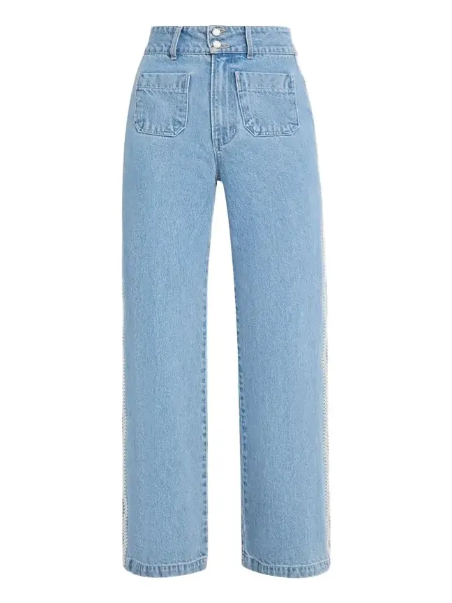 Veronica Beard Taylor Embroidered Patch-Pocket Straight-Leg Jeans