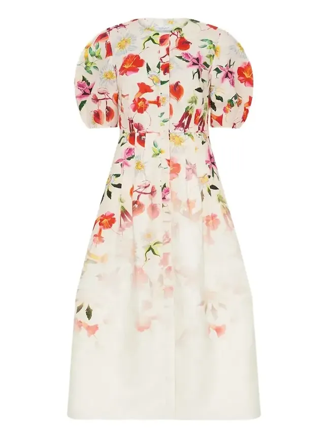 Ignis Degrade Floral-Print Linen Puff-Sleeve Midi Dress