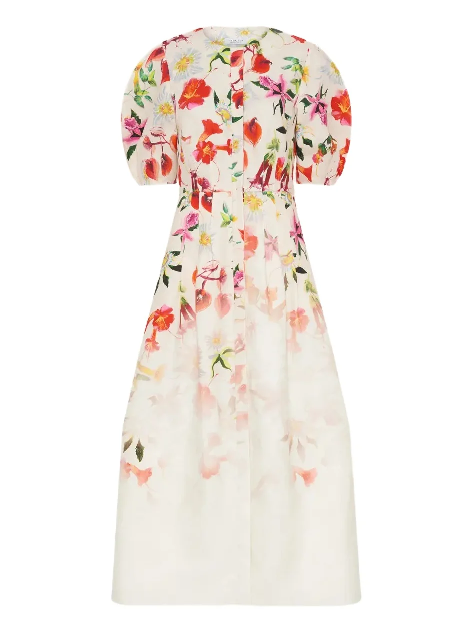 Ignis Degrade Floral-Print Linen Puff-Sleeve Midi Dress Ignis Degrade Floral-Print Linen Puff-Sleeve Midi Dress