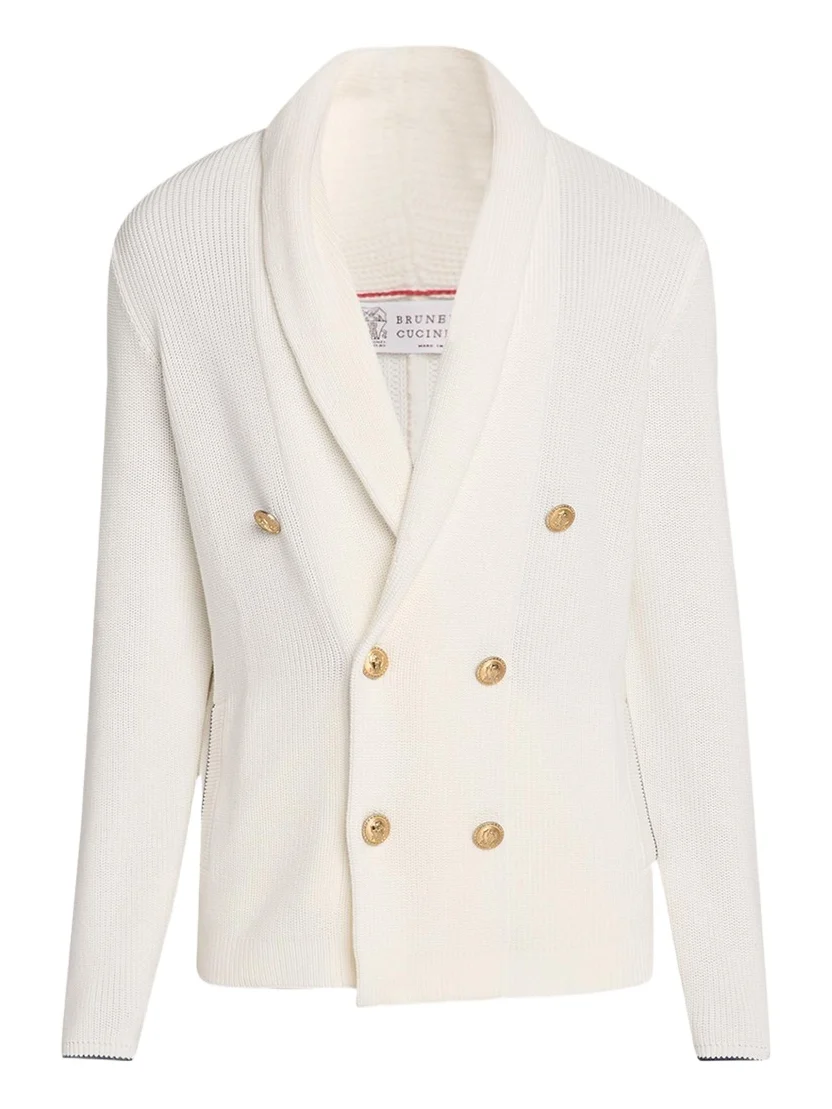 Brunello Cucinelli Men's Cotton Knit Double-Breasted Shawl Cardigan