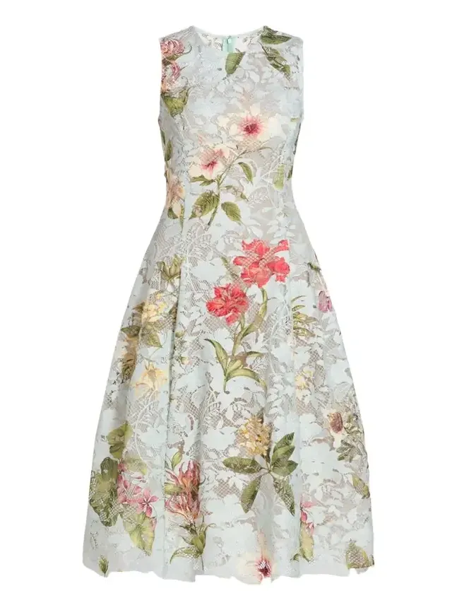 Multi Domican Floral Print Lace Midi Dress