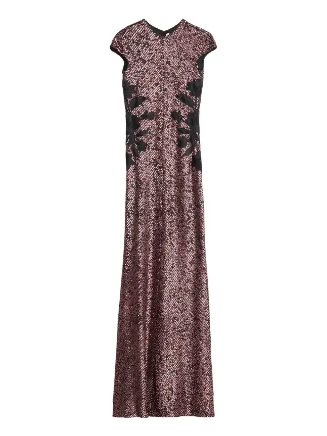 Floral Applique Short-Sleeved Sequin Gown