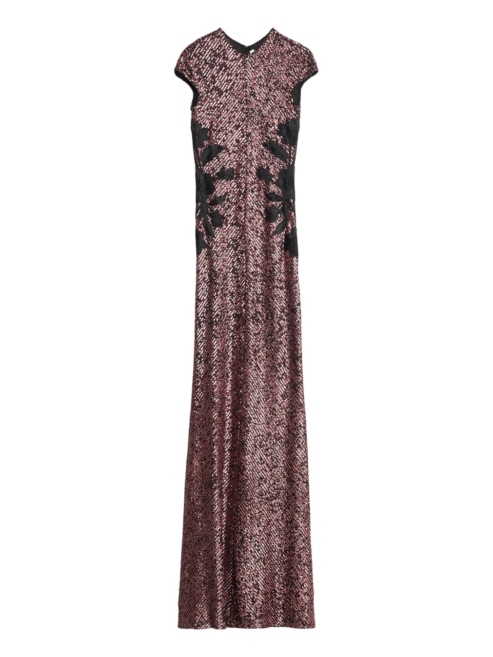 Floral Applique Short-Sleeved Sequin Gown