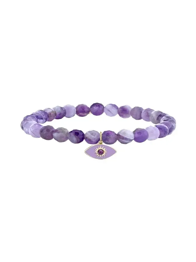 14K Sunburst Amethyst Evil Eye on Beaded Stretch Bracelet 14K Sunburst Amethyst Evil Eye on Beaded Stretch Bracelet