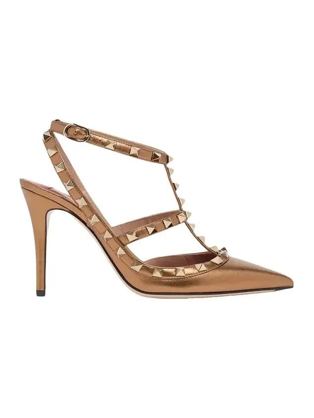 100mm Rockstud Metallic Leather Ankle-Strap Pumps