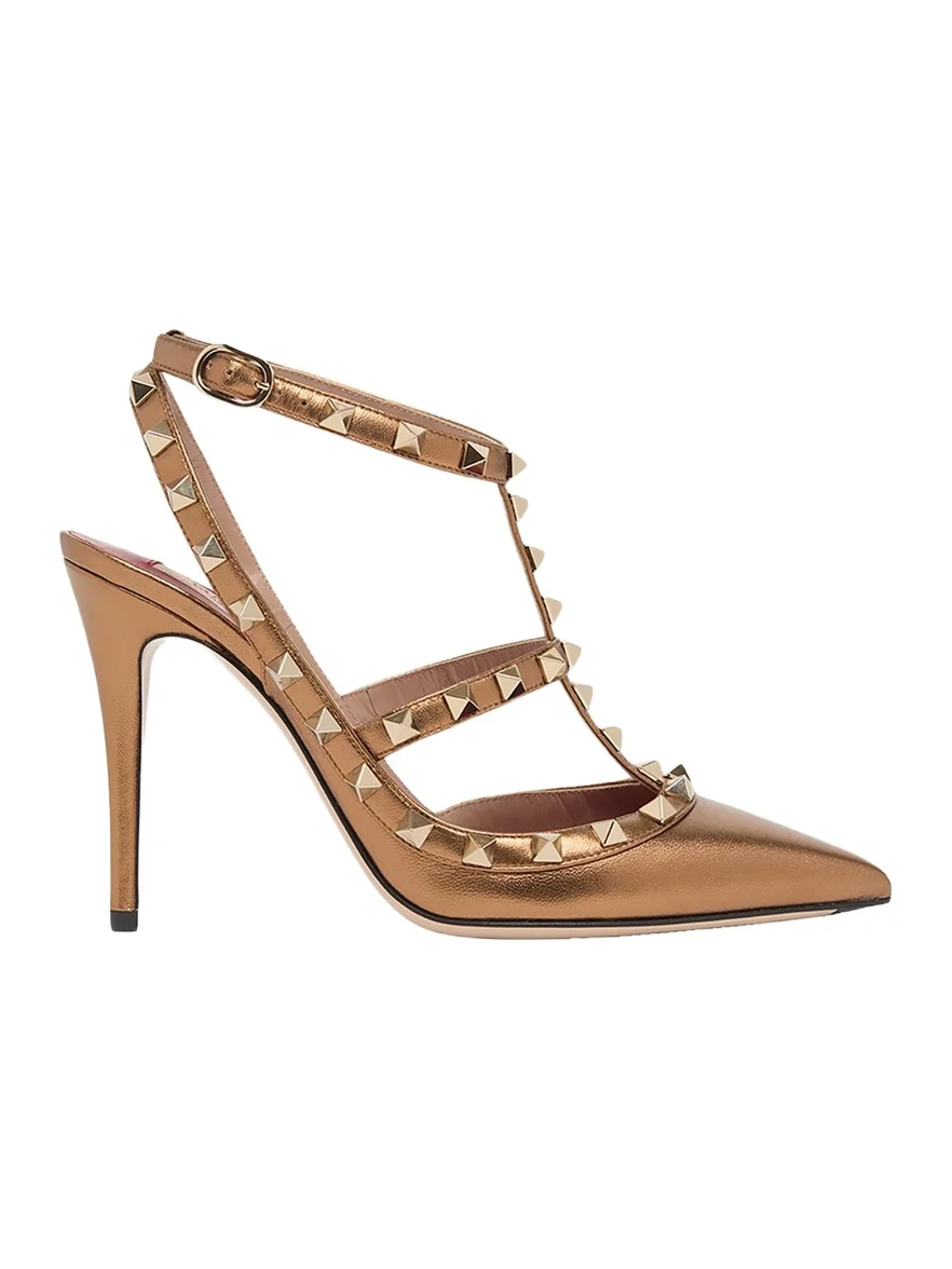 Valentino Garavani 100mm Rockstud Metallic Leather Ankle-Strap Pumps