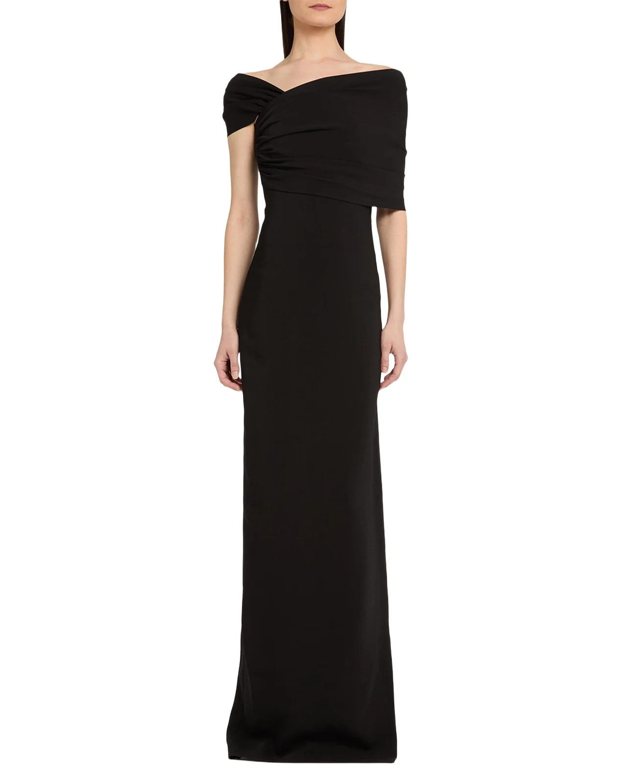 Asymmetric Draped Off-The-Shoulder Column Gown