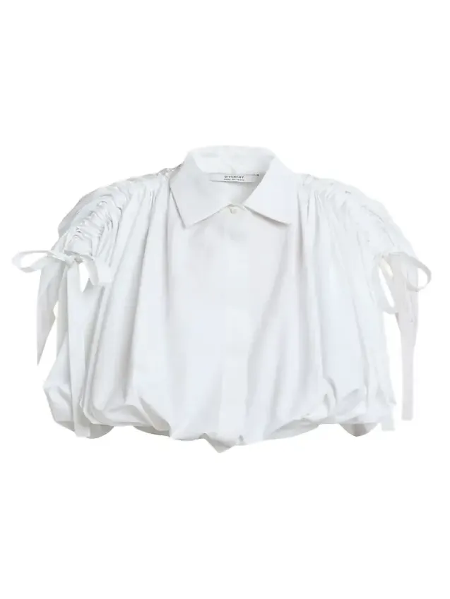 Ruched Cotton-Poplin Crop Collared Bubble Shirt Ruched Cotton-Poplin Crop Collared Bubble Shirt