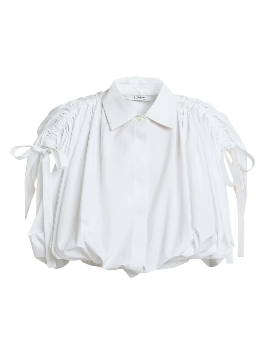Ruched Cotton-Poplin Crop Collared Bubble Shirt