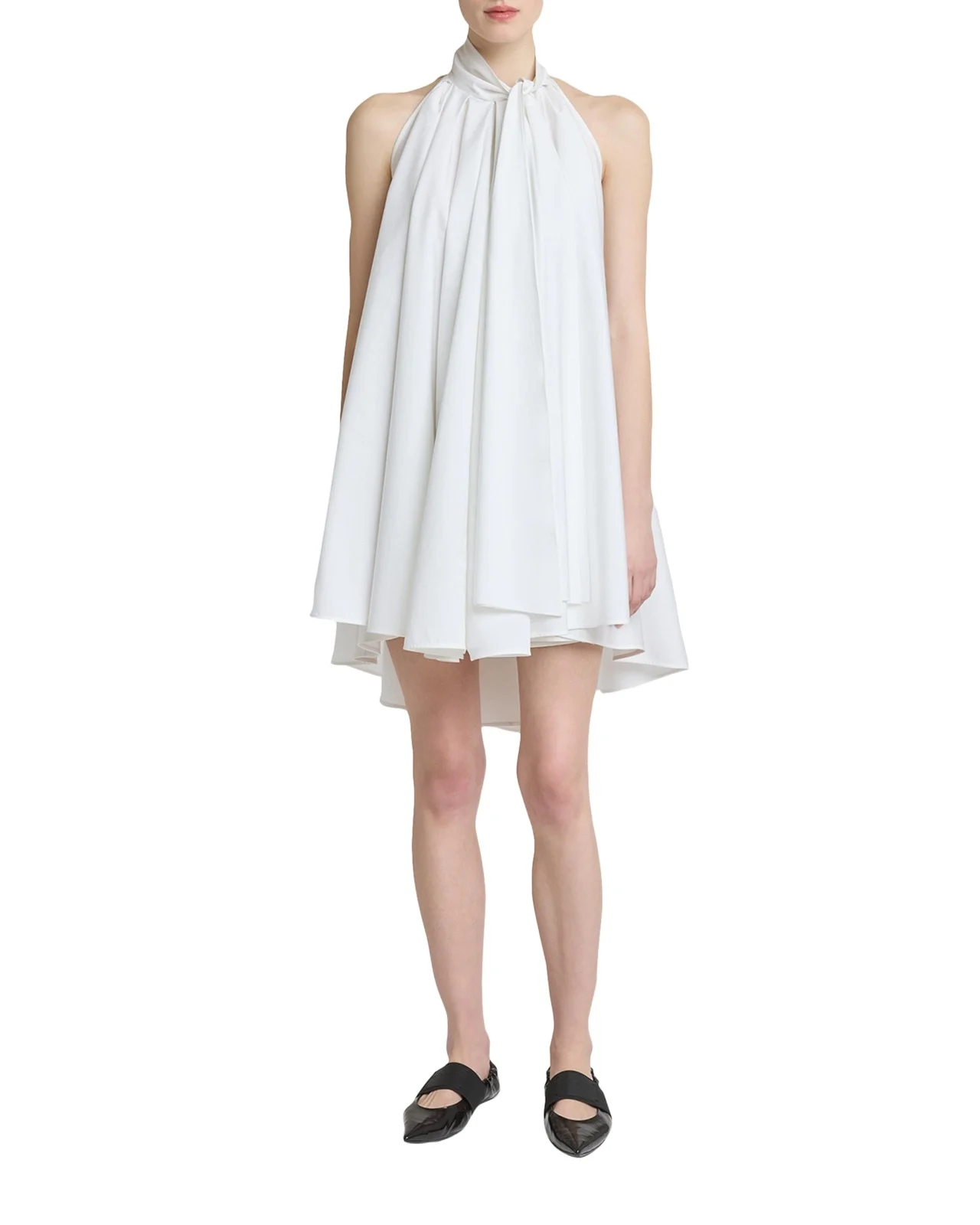Sleeveless Bow-Neck Pleated Poplin Mini Dress