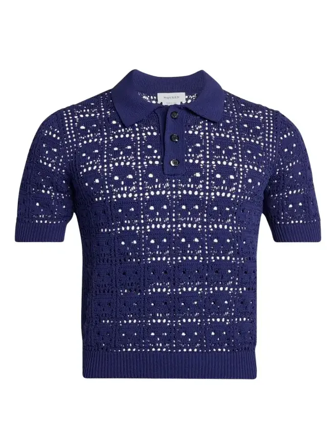 Men's Cotton Crochet Skull Openwork Short-Sleeve Polo Sweater