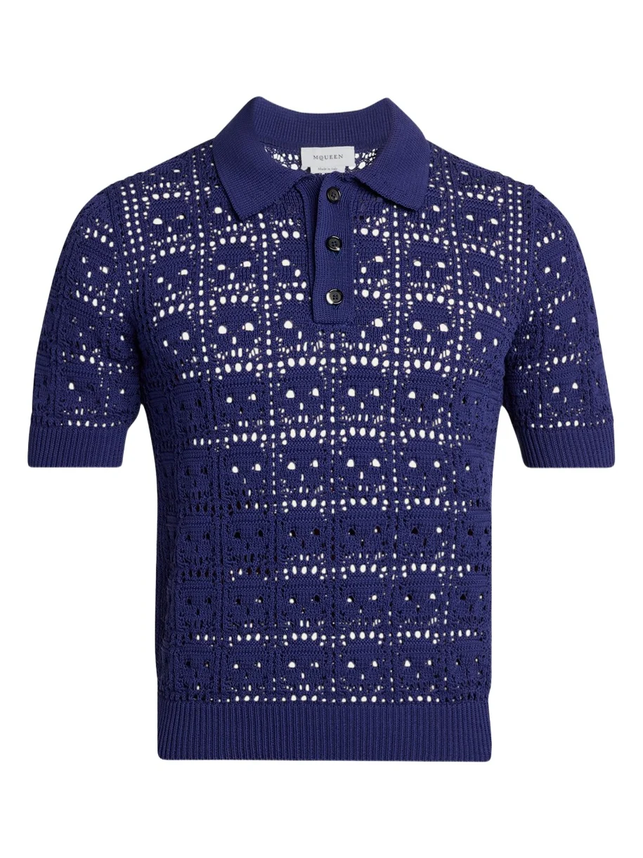 Men's Cotton Crochet Skull Openwork Short-Sleeve Polo Sweater Men's Cotton Crochet Skull Openwork Short-Sleeve Polo Sweater