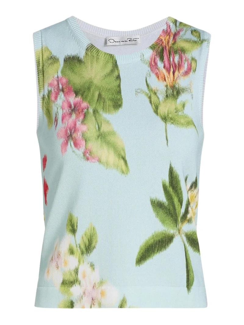 Floral-Print Cotton Knit Sleeveless Top