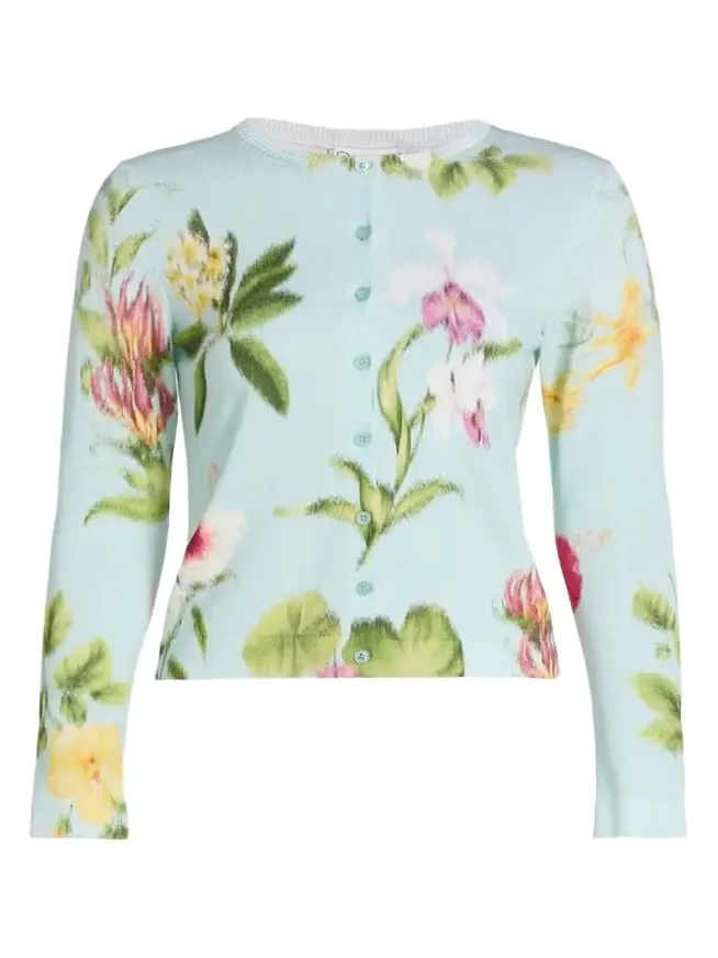Dominican Floral-Print Crewneck Cardigan