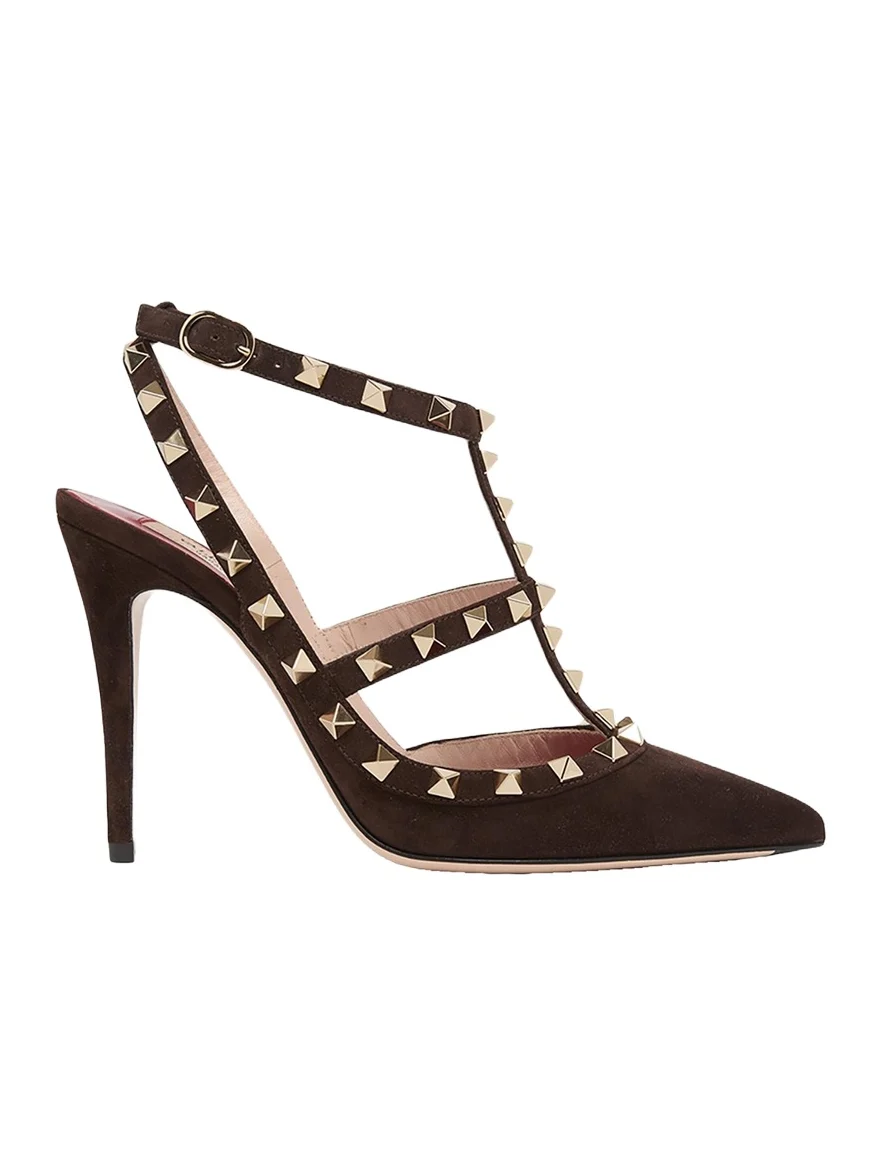 100mm Rockstud Suede Ankle-Strap Pumps