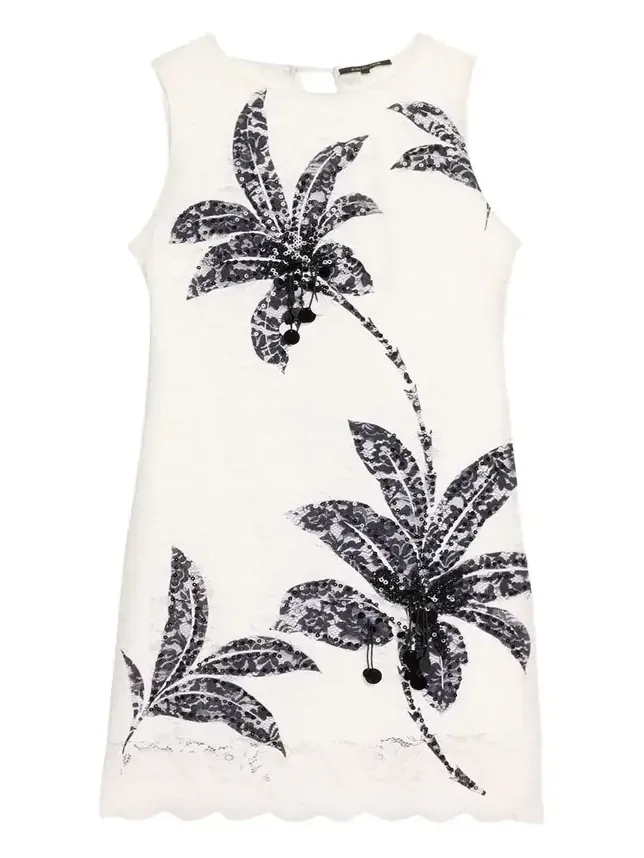 Maren Sleeveless Palm Leaf-Print Lace Dress Maren Sleeveless Palm Leaf-Print Lace Dress