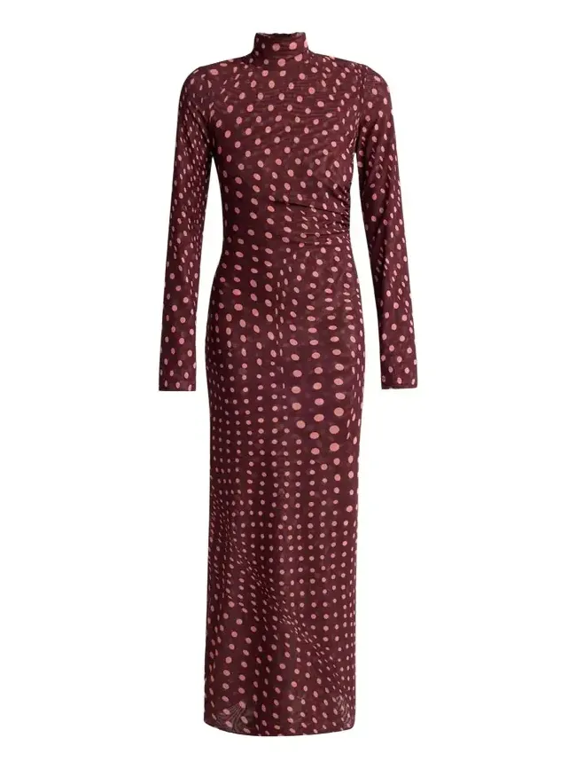 Turtleneck Polka Dot Mesh Long-Sleeve Maxi Dress