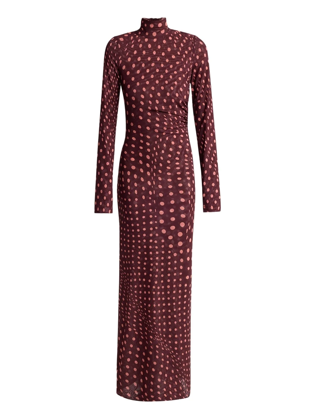 Turtleneck Polka Dot Mesh Long-Sleeve Maxi Dress