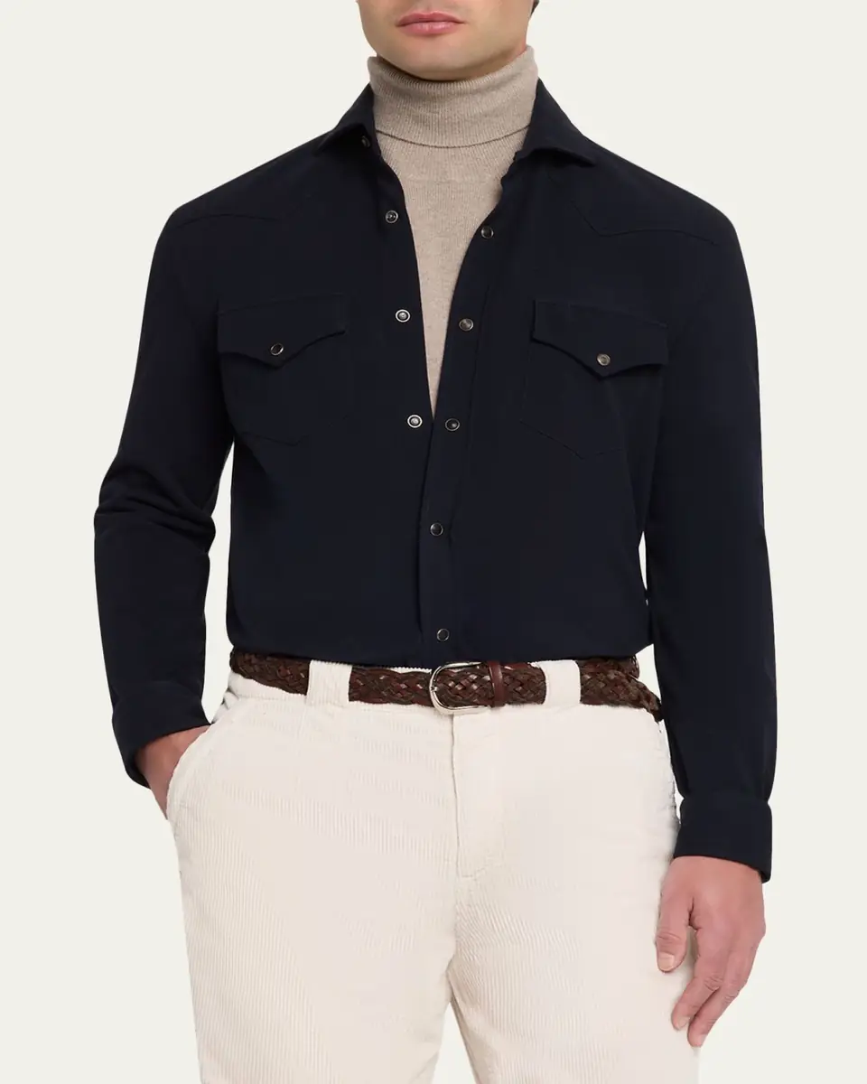 Brunello Cucinelli Men's Cotton Pique Snap-Front Western Shirt | Thumbnail 4 Brunello Cucinelli Men's Cotton Pique Snap-Front Western Shirt | Thumbnail 4