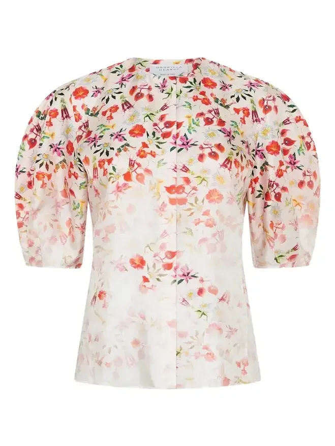 Edify Degrade Floral Silk Puff-Sleeve Top Edify Degrade Floral Silk Puff-Sleeve Top