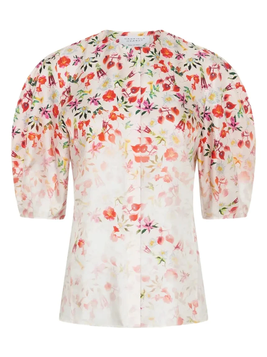 Edify Degrade Floral Silk Puff-Sleeve Top
