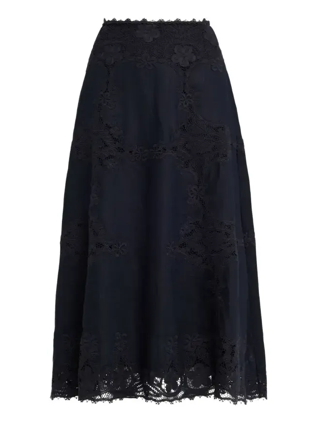 Fleur Embroidered Linen-Blend Midi Skirt