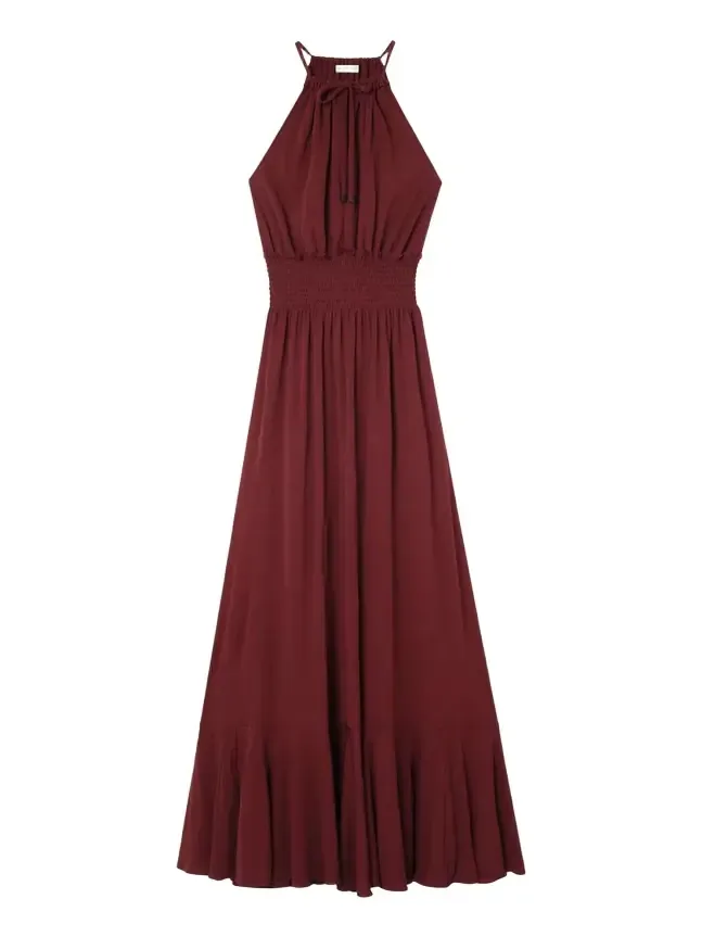Burberry Leona Smocked Drawstring Halter Maxi Dress