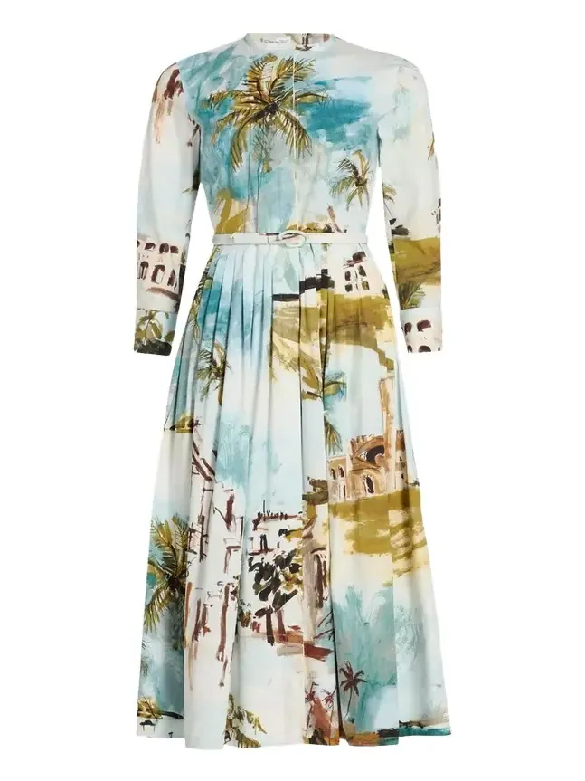 Long-Sleeve Landscape-Print Cotton Poplin Midi Shirtdress With Belt Long-Sleeve Landscape-Print Cotton Poplin Midi Shirtdress With Belt