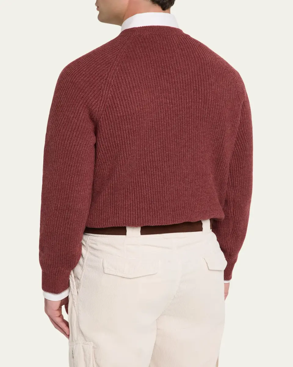 Brunello Cucinelli Men's Cashmere Rib Raglan-Sleeve Crewneck Sweater | Thumbnail 3 Brunello Cucinelli Men's Cashmere Rib Raglan-Sleeve Crewneck Sweater | Thumbnail 3