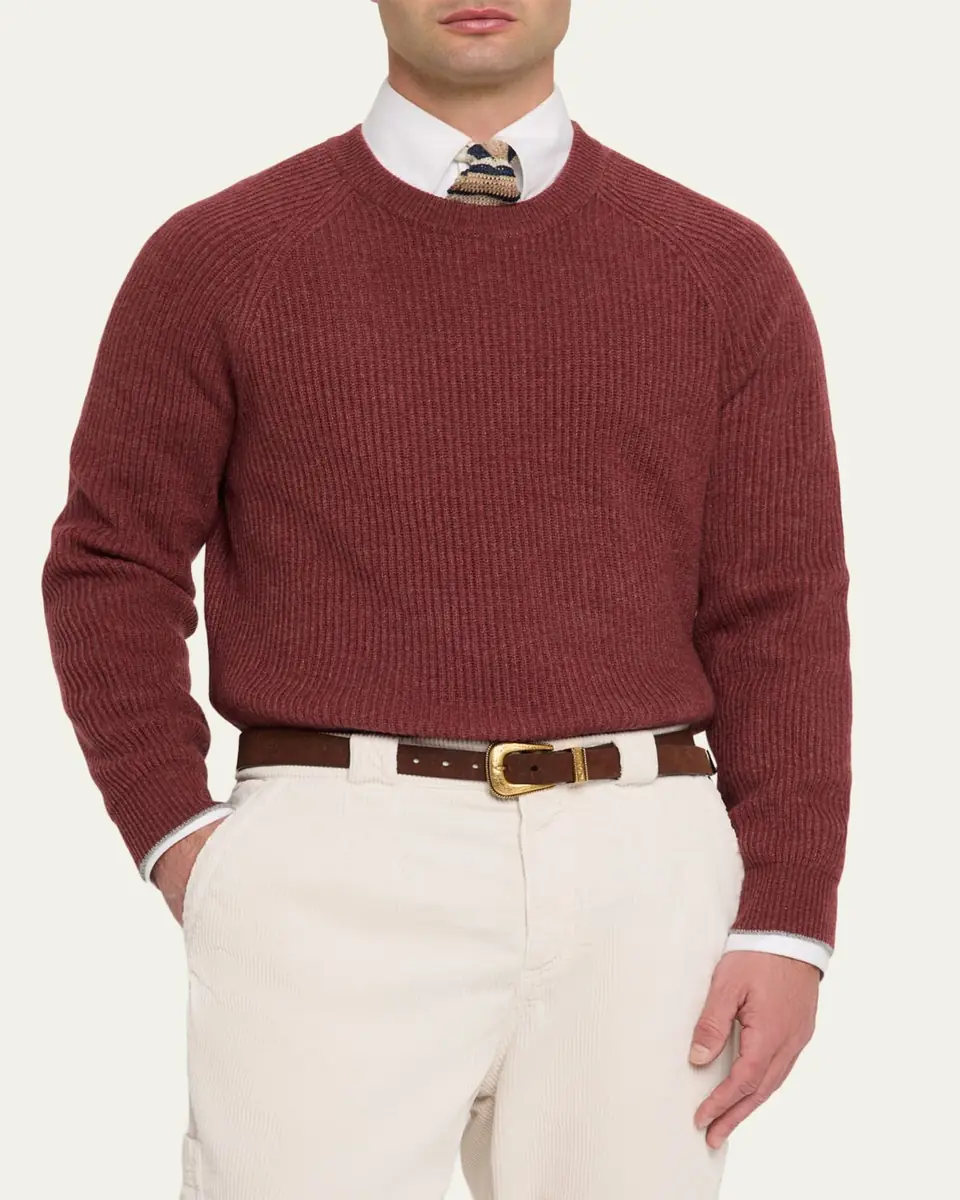 Brunello Cucinelli Men's Cashmere Rib Raglan-Sleeve Crewneck Sweater | Thumbnail 4 Brunello Cucinelli Men's Cashmere Rib Raglan-Sleeve Crewneck Sweater | Thumbnail 4