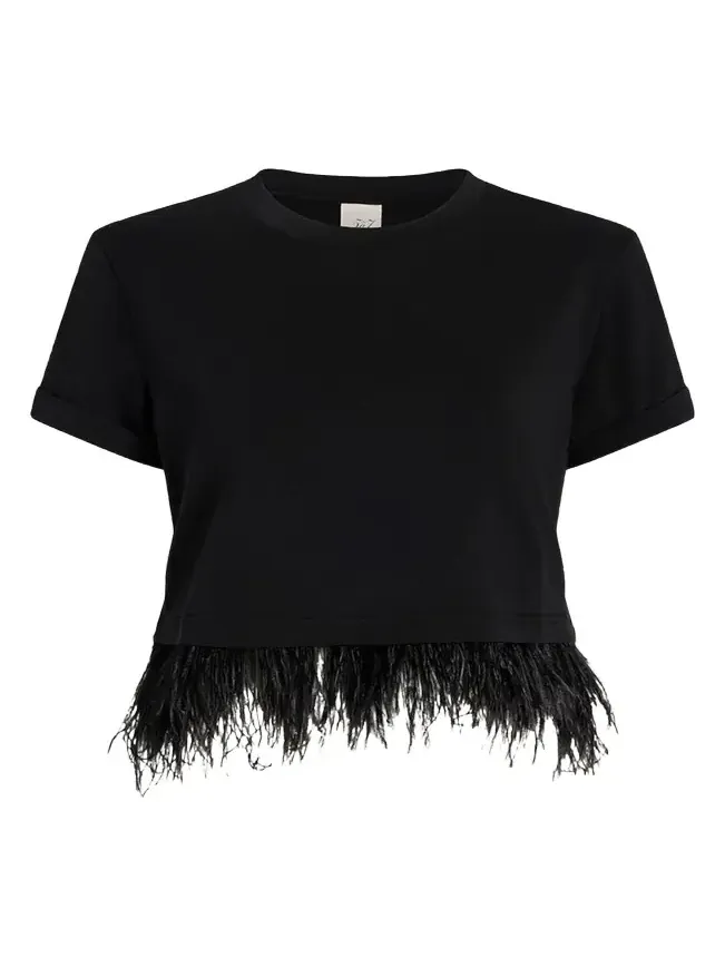 Cropped Feather-Trim Tee