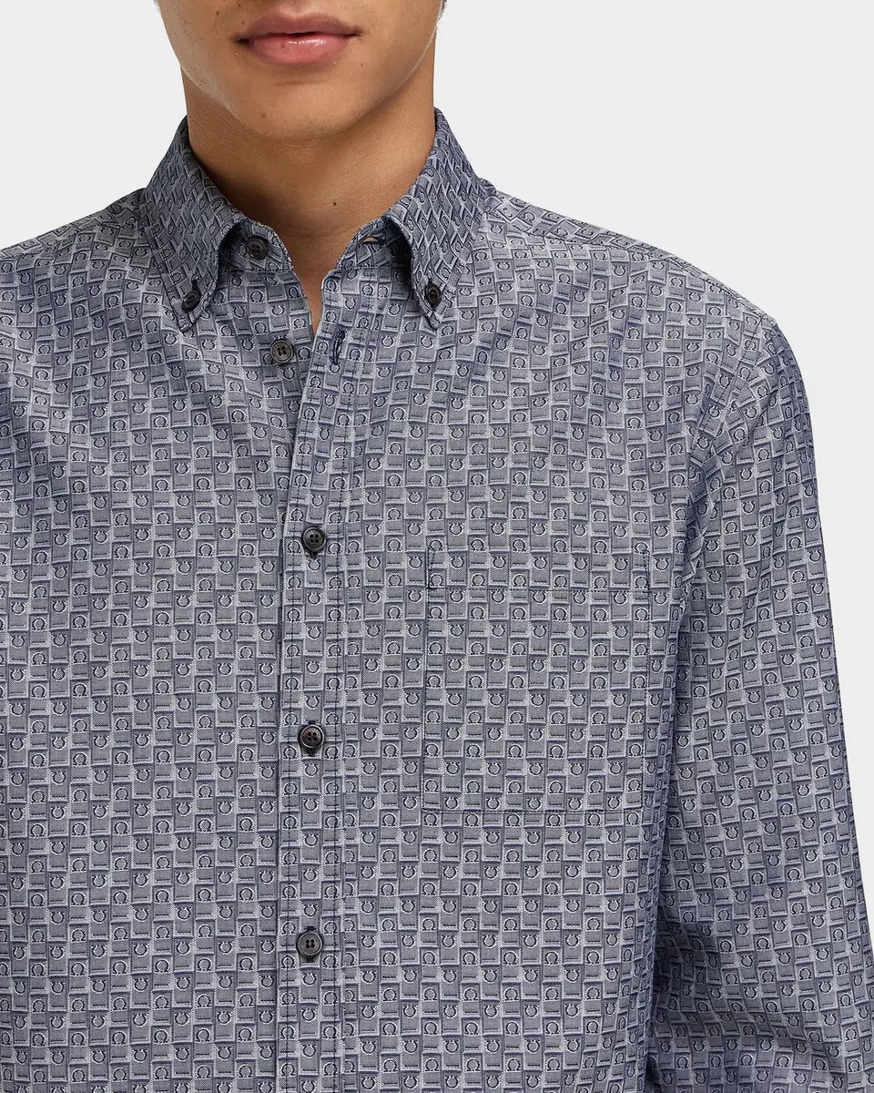 Ferragamo Men's Geometric Gancini Cotton Button-Down Shirt | Thumbnail 4 Ferragamo Men's Geometric Gancini Cotton Button-Down Shirt | Thumbnail 4