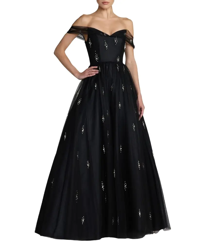 Mac Duggal Off-the-Shoulder Pearly Tulle Gown