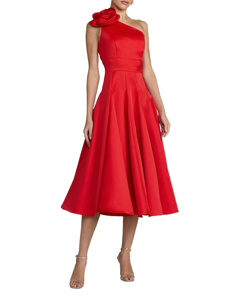 Mac Duggal 3D Floral Satin Fit & Flare Midi Dress