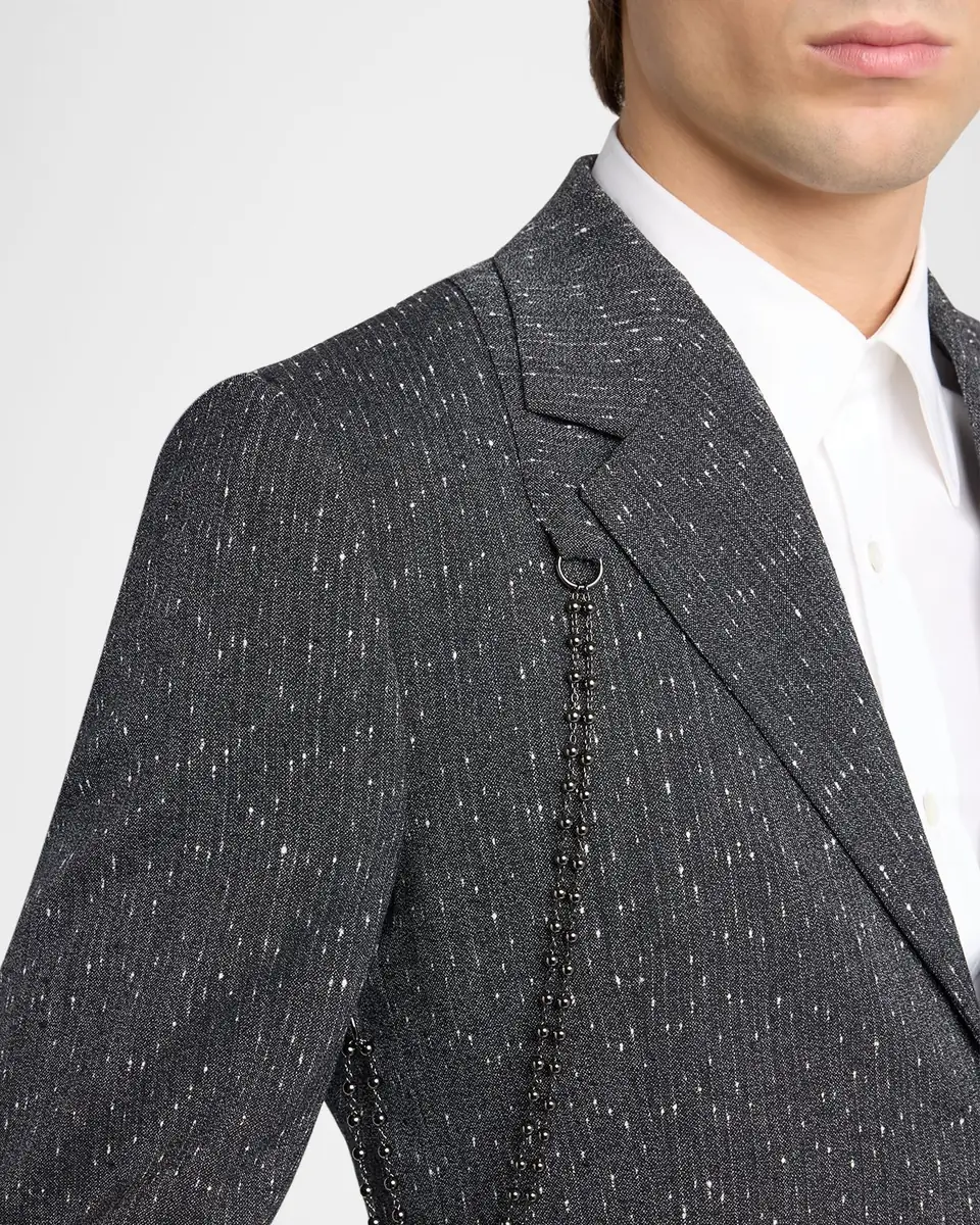 Alexander McQueen Men's Wool Flecked Pinstripe Harness Single-Breasted Blazer | Thumbnail 4 Alexander McQueen Men's Wool Flecked Pinstripe Harness Single-Breasted Blazer | Thumbnail 4