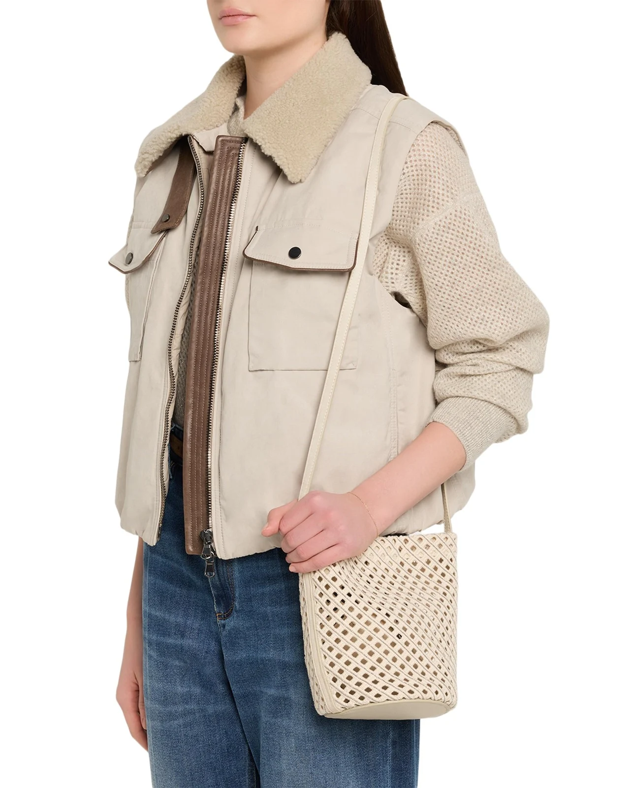 Brunello Cucinelli Monili-Trim Cotton Net Crossbody Pouch Bag