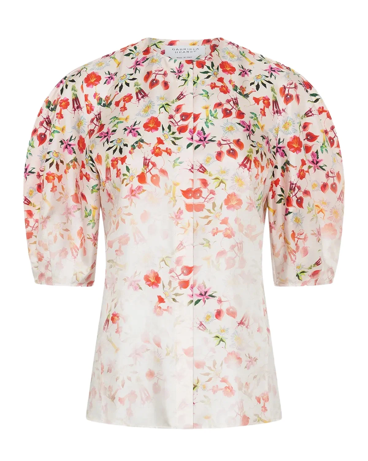 Edify Degrade Floral Silk Puff-Sleeve Top Edify Degrade Floral Silk Puff-Sleeve Top