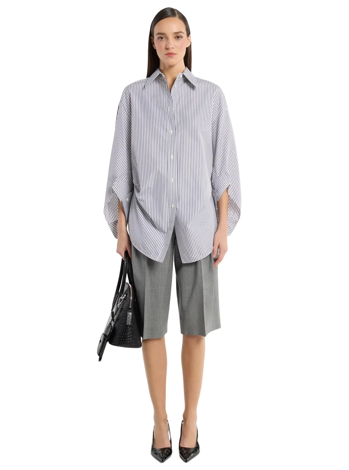 Keegan Striped Cotton Poplin Cinched Shirt in Purple