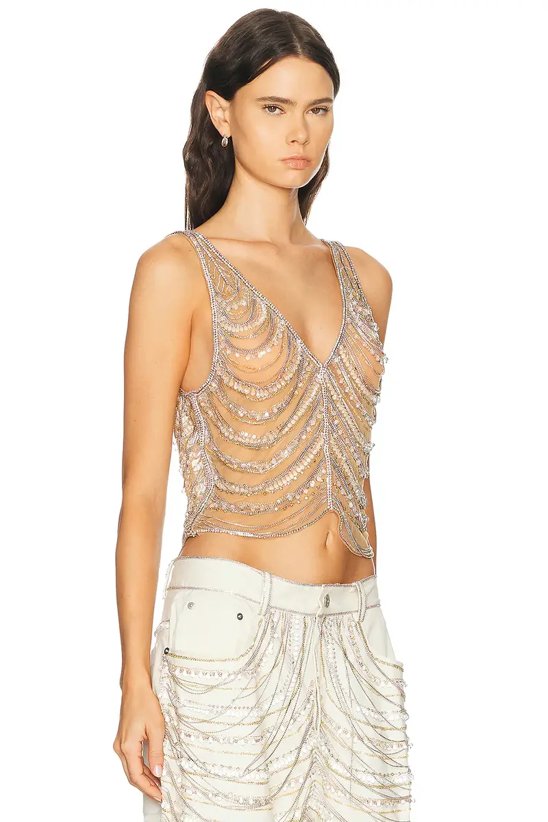 LaPointe Draped Crystal Embroidery V Neck Tank Top | Thumbnail 2