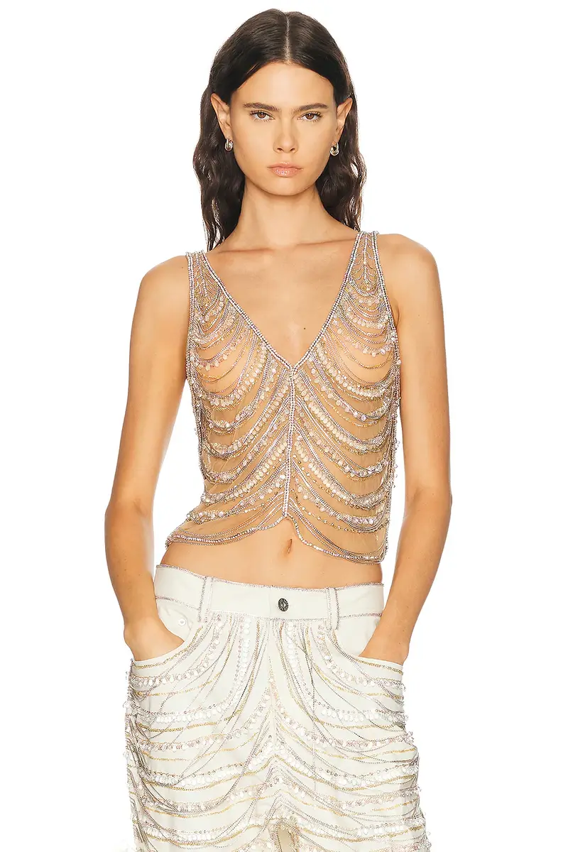 LaPointe Draped Crystal Embroidery V Neck Tank Top | Image 1 LaPointe Draped Crystal Embroidery V Neck Tank Top | Image 1