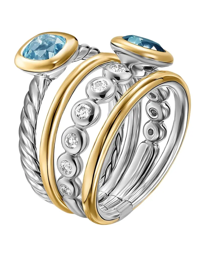 David Yurman DY Mercer Color Stone Multi Row Ring with Blue Topaz and Diamonds in Silver and 18K Gold, 10mm, Size 7 | Thumbnail 1 David Yurman DY Mercer Color Stone Multi Row Ring with Blue Topaz and Diamonds in Silver and 18K Gold, 10mm, Size 7 | Thumbnail 1