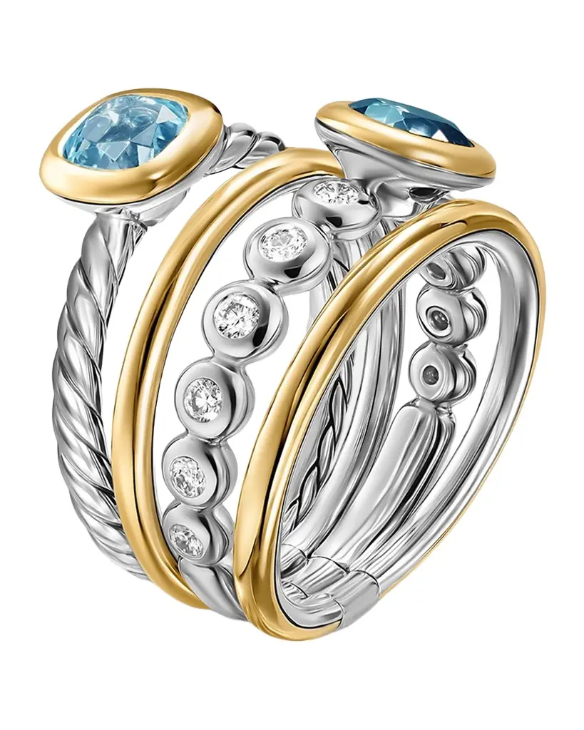 David Yurman DY Mercer Color Stone Multi Row Ring with Blue Topaz and Diamonds in Silver and 18K Gold, 10mm, Size 9 | Thumbnail 1 David Yurman DY Mercer Color Stone Multi Row Ring with Blue Topaz and Diamonds in Silver and 18K Gold, 10mm, Size 9 | Thumbnail 1