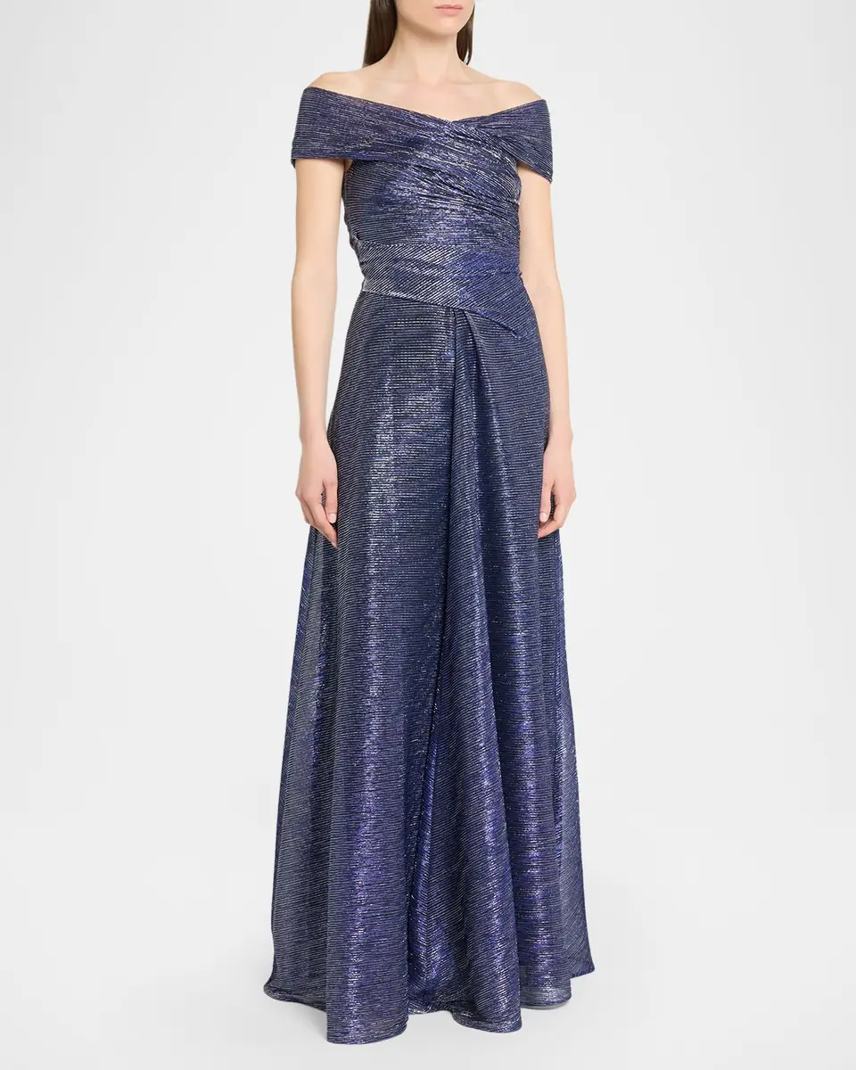 Talbot Runhof Off-The-Shoulder Metallic Voile Long Dress | Thumbnail 3