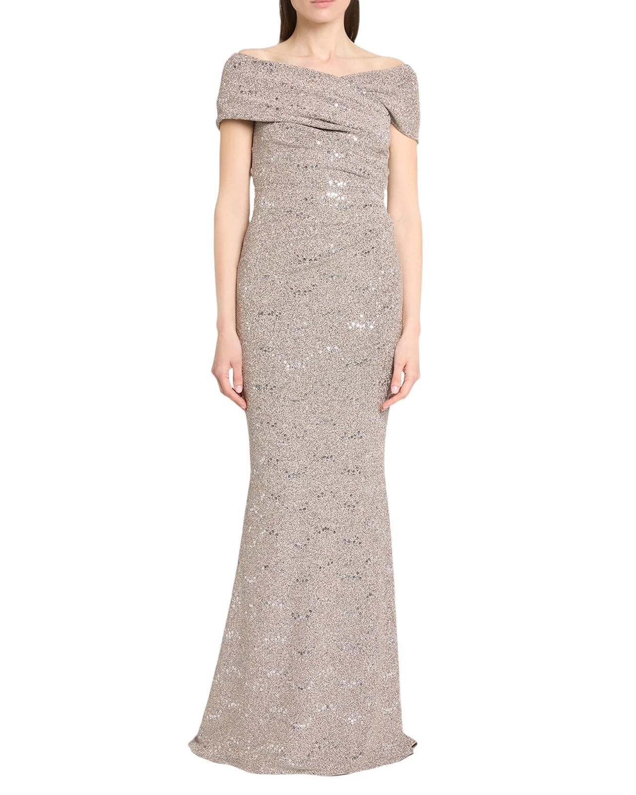 Crisscross Off-The-Shoulder Shimmering Jersey Gown Crisscross Off-The-Shoulder Shimmering Jersey Gown