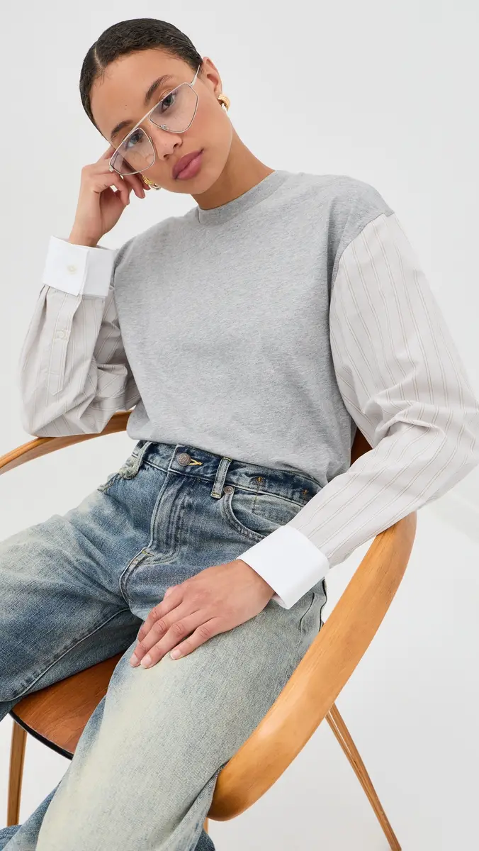 Meryll Rogge T-Shirt with Shirting Sleeves Grey Multi | Thumbnail 2 Meryll Rogge T-Shirt with Shirting Sleeves Grey Multi | Thumbnail 2