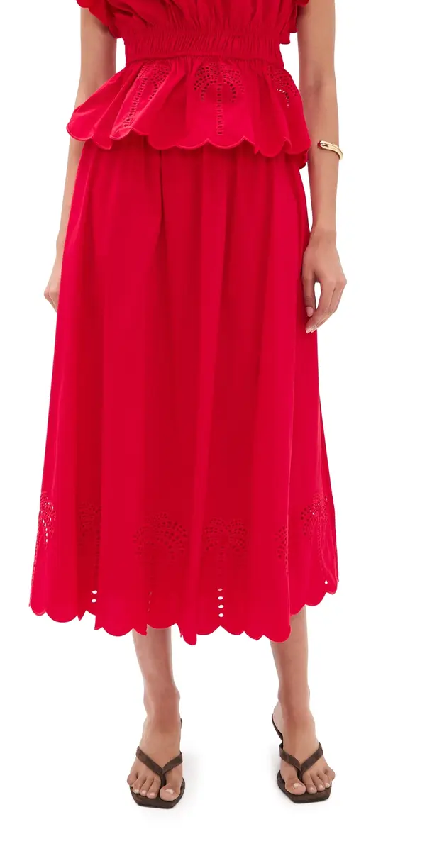 English Factory Embroidered High Waist Midi Skirt Red | Image 1 English Factory Embroidered High Waist Midi Skirt Red | Image 1