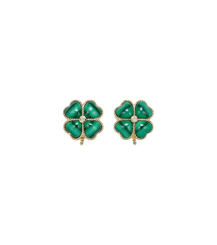 Yvonne Léon Yvonne Léon Puces Dôme Trèfle 9kt gold earrings with malachite and diamonds | Image 1 Yvonne Léon Yvonne Léon Puces Dôme Trèfle 9kt gold earrings with malachite and diamonds | Image 1