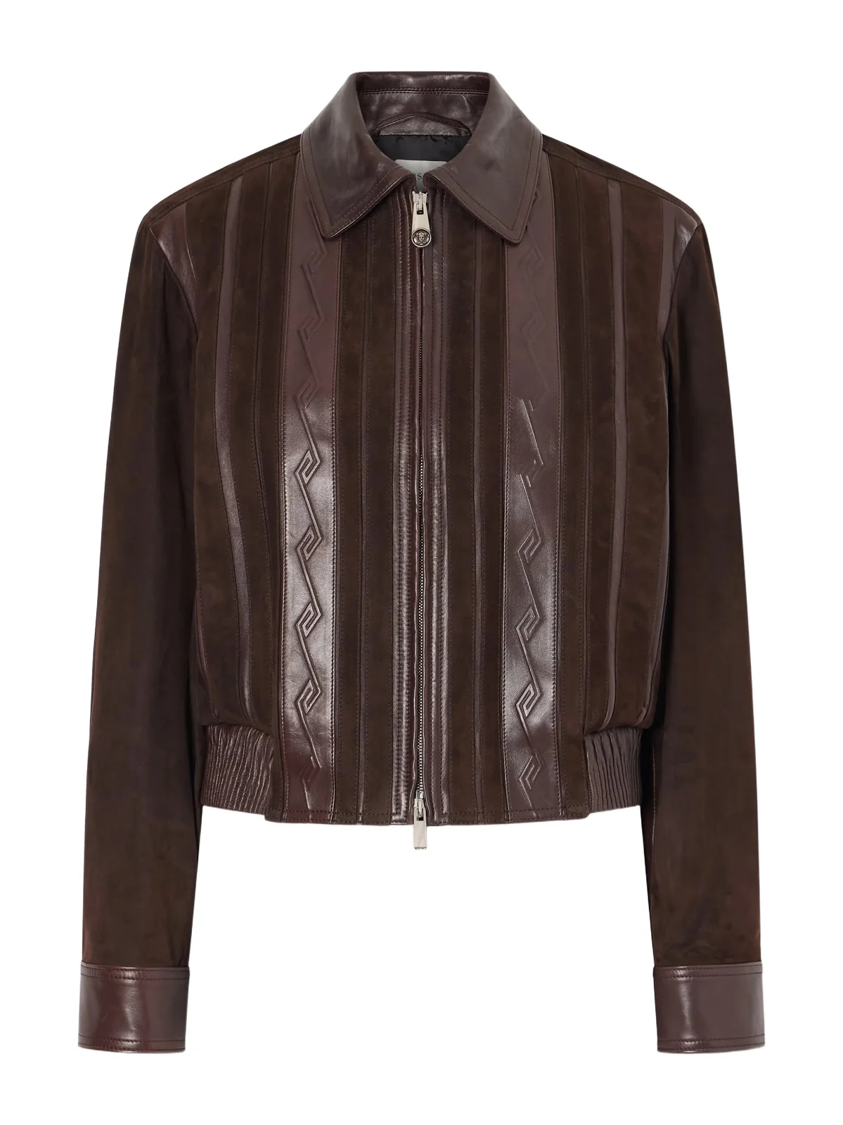 Versace Greca-embossed Leather And Suede Jacket - Brown