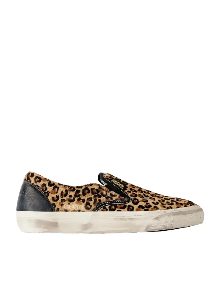 Golden Goose Vce Penstar Distressed Leather-trimmed Leopard-print Pony Hair Slip-on Sneakers | Image 1 Golden Goose Vce Penstar Distressed Leather-trimmed Leopard-print Pony Hair Slip-on Sneakers | Image 1